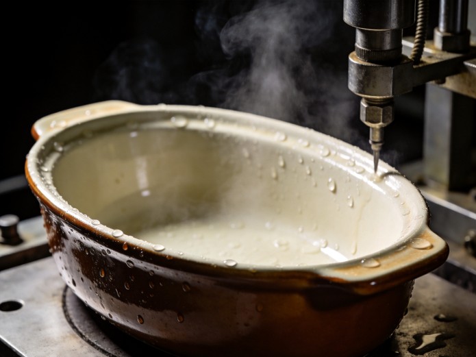 Ceramic Baking Dishes and Oven-to-Table Serveware: A Restaurant Sourcing Guide 2 thermal shock resistance test being performed on ceramic casserole dish with steam and water droplets