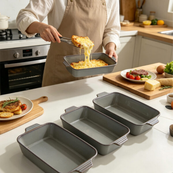Sage grey ceramic baking dish with handles
