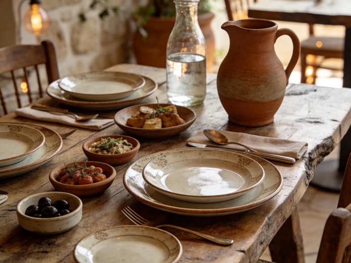 Mediterranean restaurant table setting showcasing durable ceramic dinnerware for commercial dining