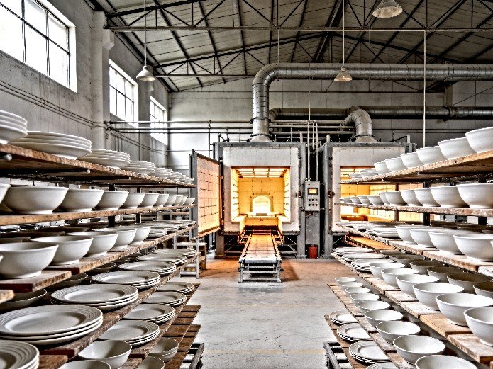 ceramic tableware production floor with kiln ovens and drying racks in manufacturing facility
