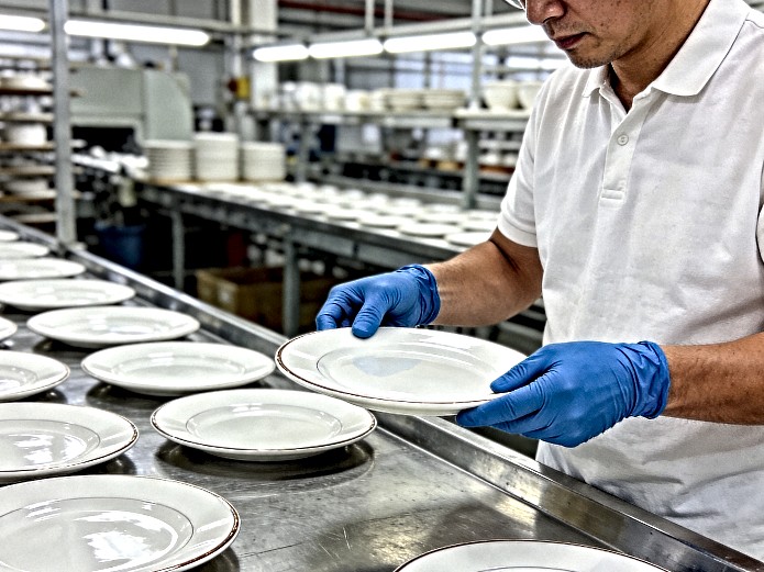 quality control inspector examining ceramic dinner plates on stainless steel table for defect detection