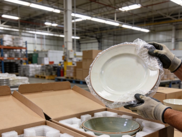 Corrugated export cartons with foam dividers protecting ceramic shared plates for international shipping