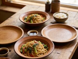 Ceramic shared plate tableware arranged on a restaurant table for family-style communal dining service
