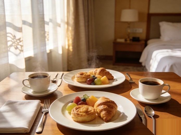 elegant breakfast setup with white ceramic plates and coffee cups on wooden table in luxury hotel room for in-room dining