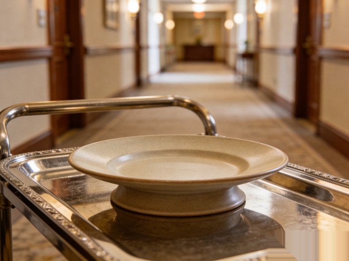 tray stable ceramic plate with wide flat base sitting on room service trolley demonstrating transport stability