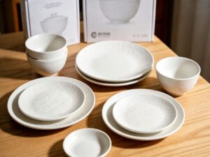 private label ceramic tableware brand collection of white plates and bowls on wooden table for hospitality buyers