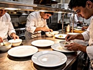 ceramic tableware for cooking schools being used by culinary students in a commercial training kitchen
