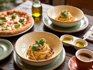 ceramic tableware for Italian restaurants displayed on rustic wooden table with pasta bowls and pizza plates