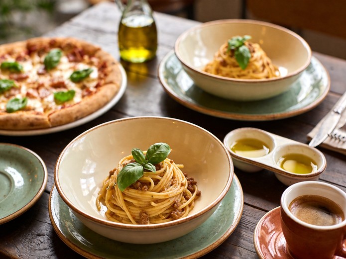 ceramic tableware for Italian restaurants displayed on rustic wooden table with pasta bowls and pizza plates