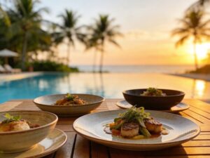 ceramic tableware for resorts displayed on teak table by infinity pool at tropical resort
