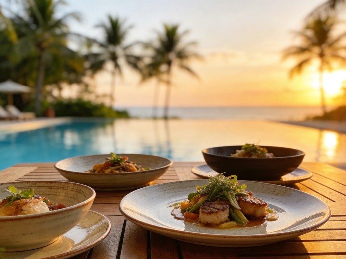 ceramic tableware for resorts displayed on teak table by infinity pool at tropical resort