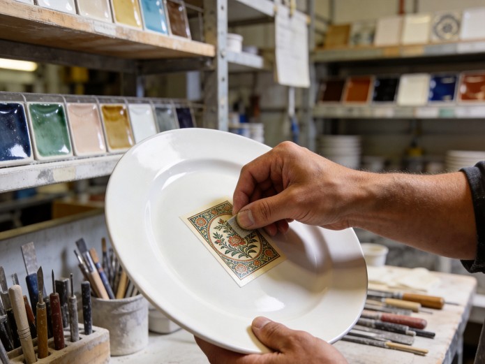 custom ceramic tableware branding process showing decal transfer application in production facility