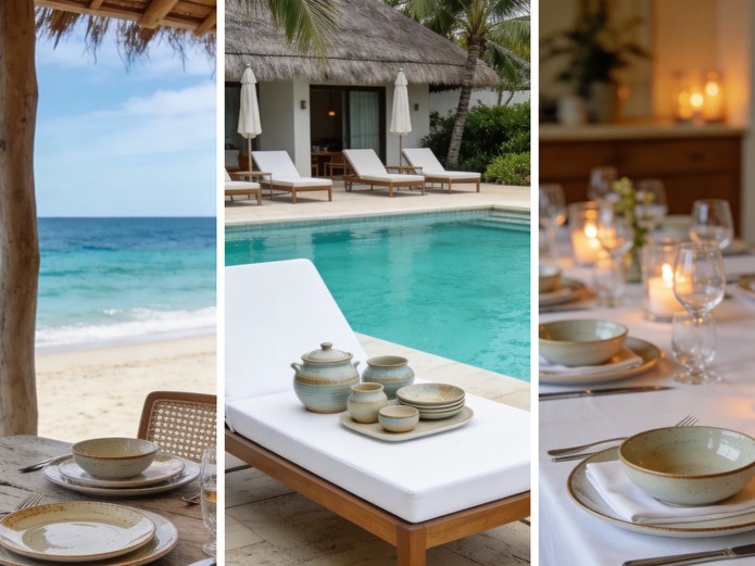 resort ceramic dinnerware in beachfront poolside and fine dining settings for vacation properties