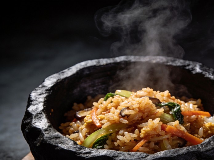 dolsot bibimbap bowls with steaming rice and vegetables for korean restaurant service
