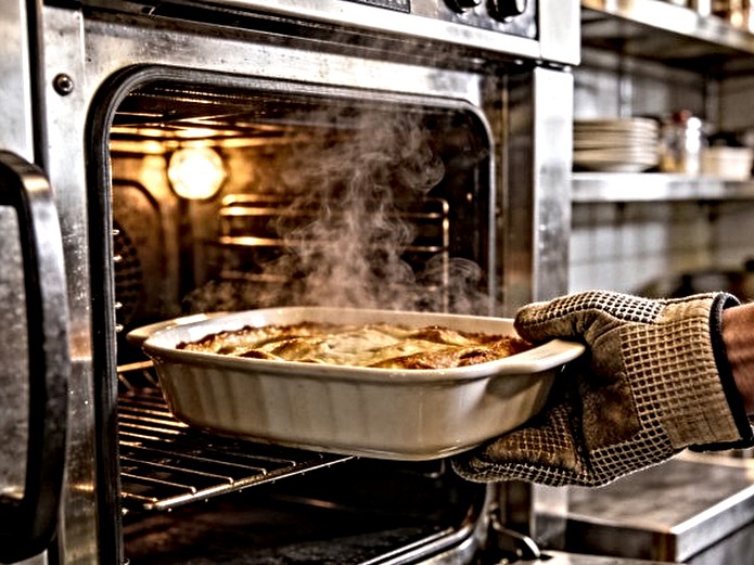 oven-to-table ceramic bakeware for cooking school demonstrations being handled with heat gloves