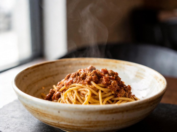 deep ceramic pasta bowl for Italian restaurants filled with spaghetti bolognese on slate countertop