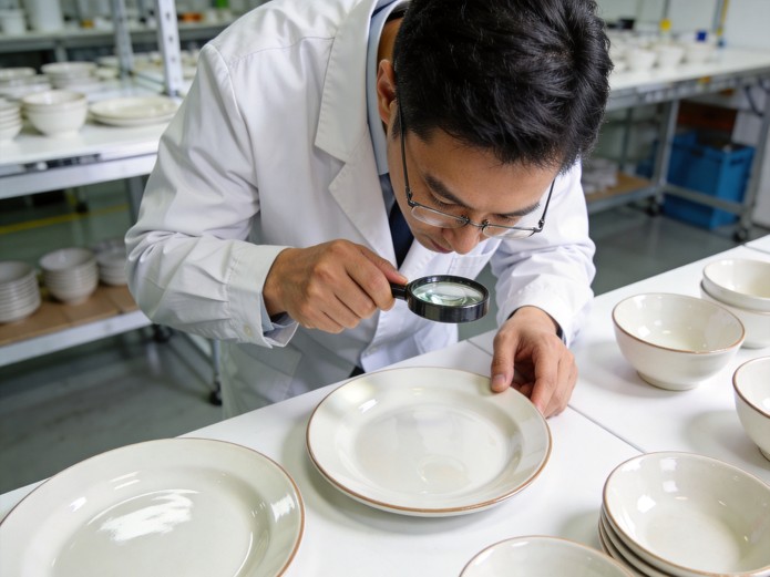 ceramic tableware quality control inspector examining plates with magnifying glass before export