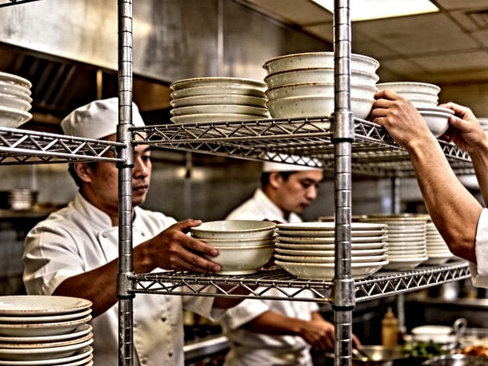 restaurant kitchen staff organizing stackable ceramic plates on wire shelving for space saving