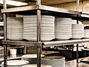 stackable ceramic tableware neatly stacked on stainless steel kitchen shelving for restaurant storage efficiency